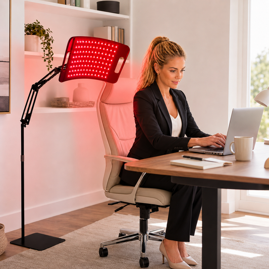 Red LED light therapy panel on tall adjustable stand in an office setting