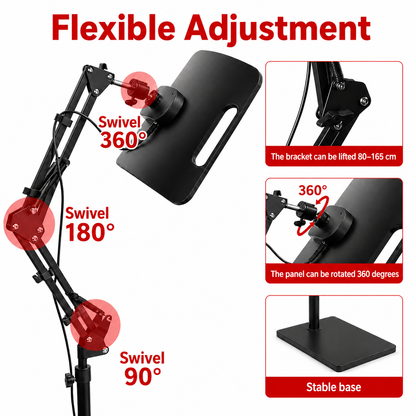 Adjustable red light therapy panel stand with swivel joints and stable base