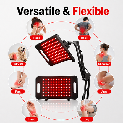 Red light therapy panel on flexible arm stand with glowing LED array