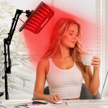 Glowing red LED therapy panel mounted on adjustable floor stand