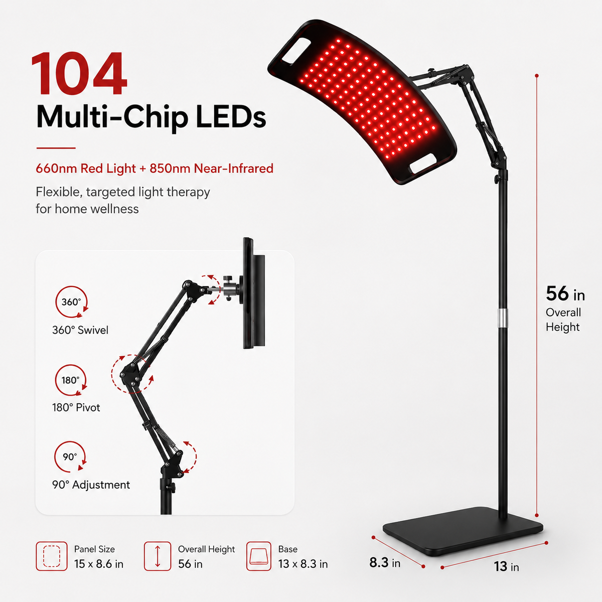 Red LED light therapy panel on tall adjustable floor stand with base