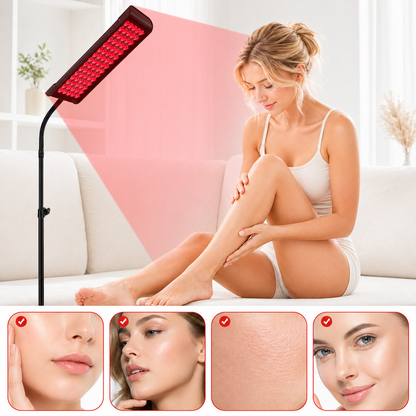 Red light therapy panel on stand above kneeling woman, with close-up skincare insets