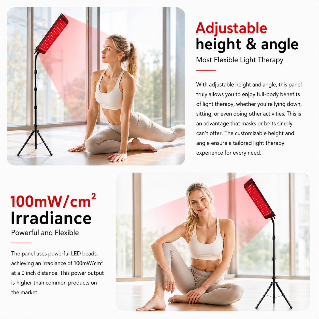 Red light therapy panel on adjustable stand with seated woman and angled beam view