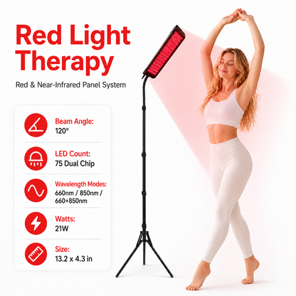 Red light therapy panel on stand with standing woman, showing system specifications