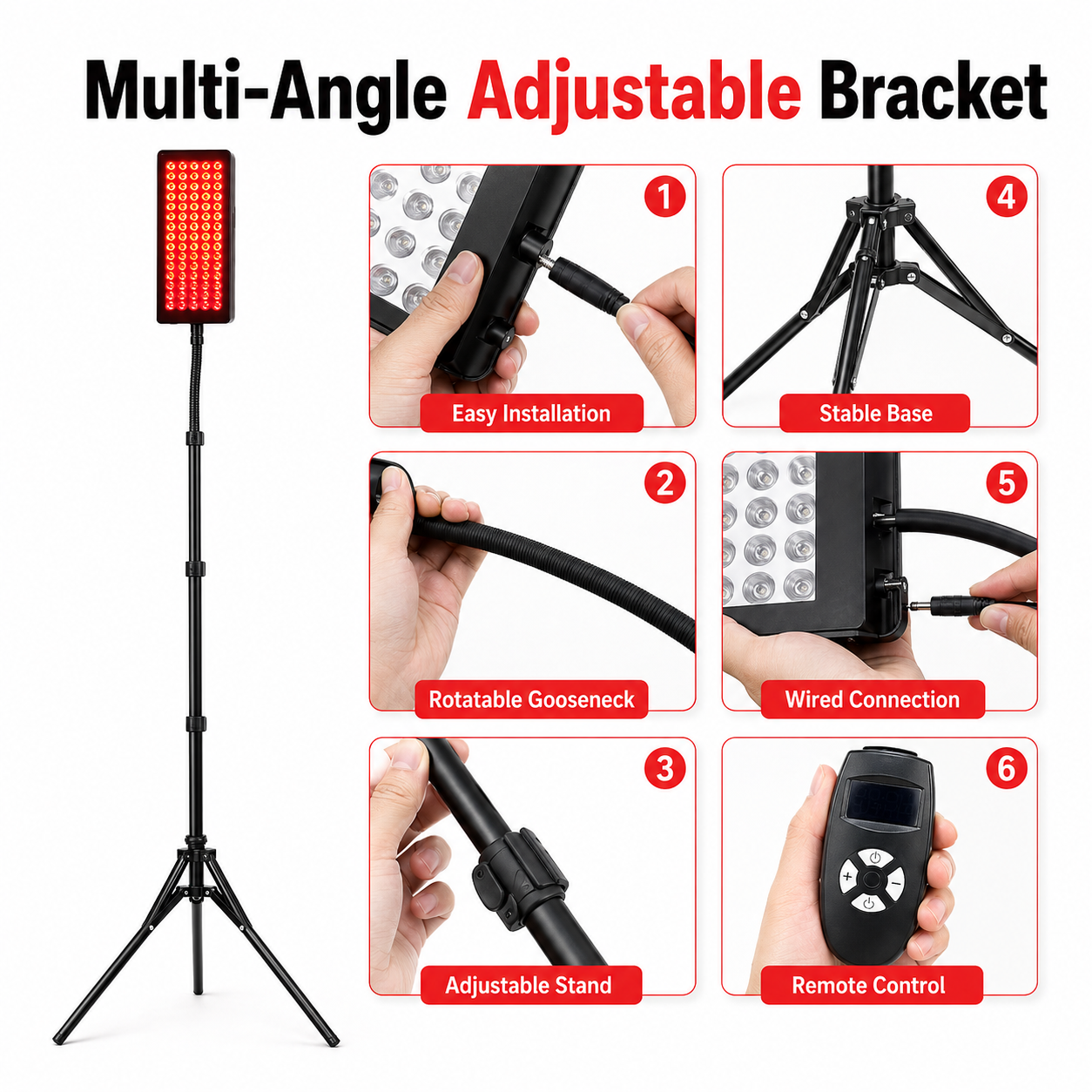 Adjustable bracket stand and remote controller for red light therapy panel system