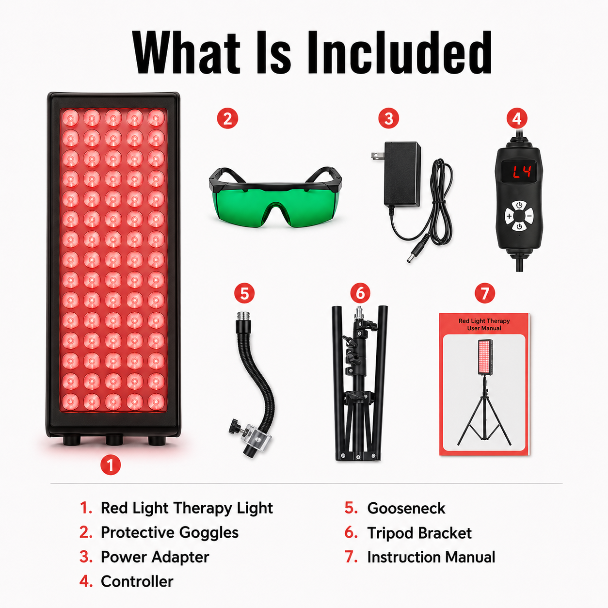 Red light therapy panel system included parts: panel, goggles, power adapter, controller, bracket