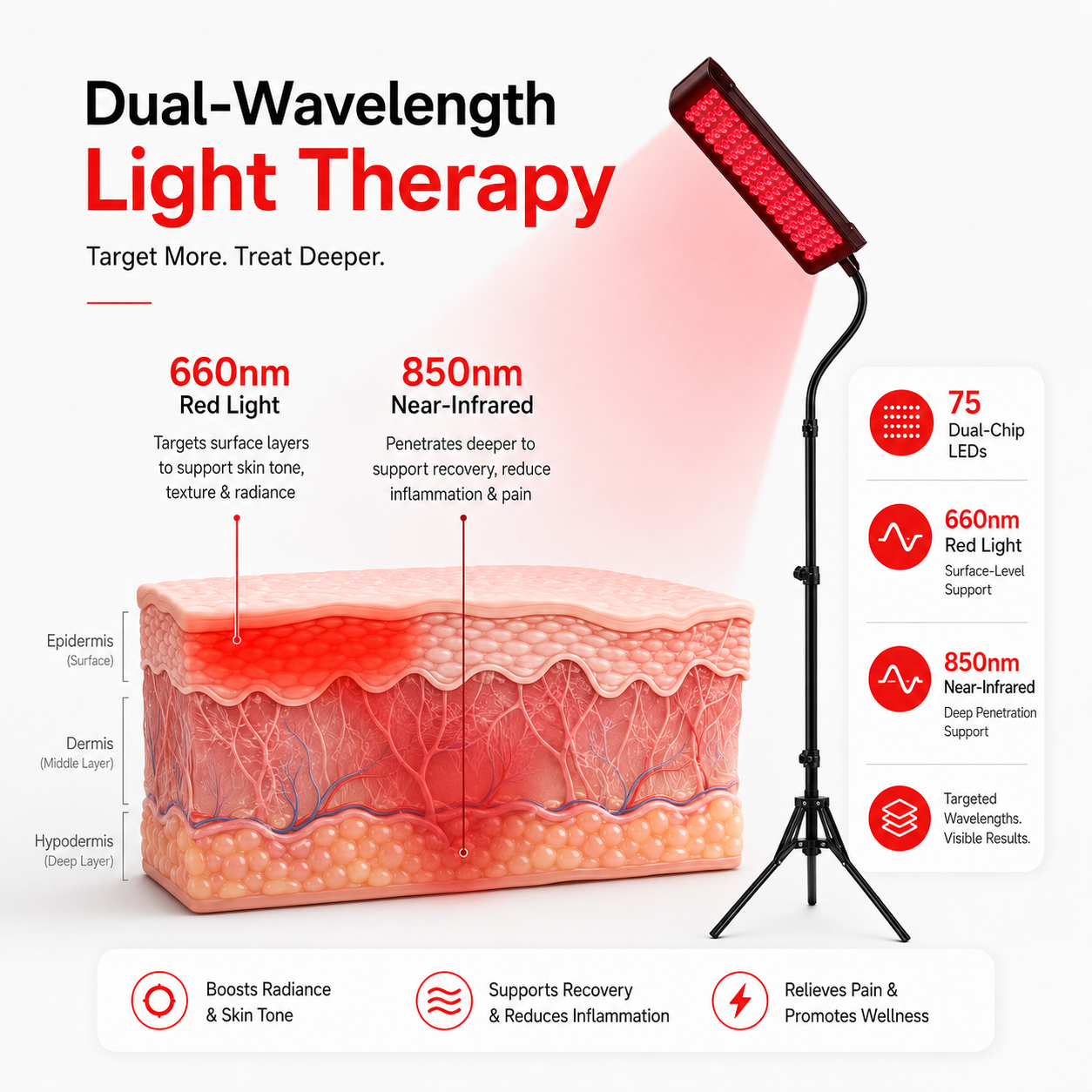 Red and near-infrared light therapy panel on stand with skin cross-section diagram
