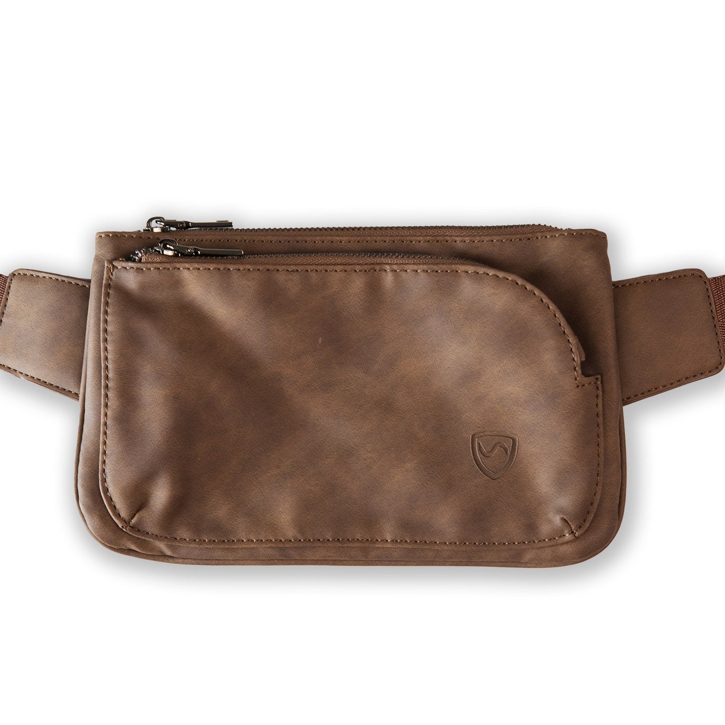 Vegan leather crossbody fanny pack with front zipper and stitched shield logo