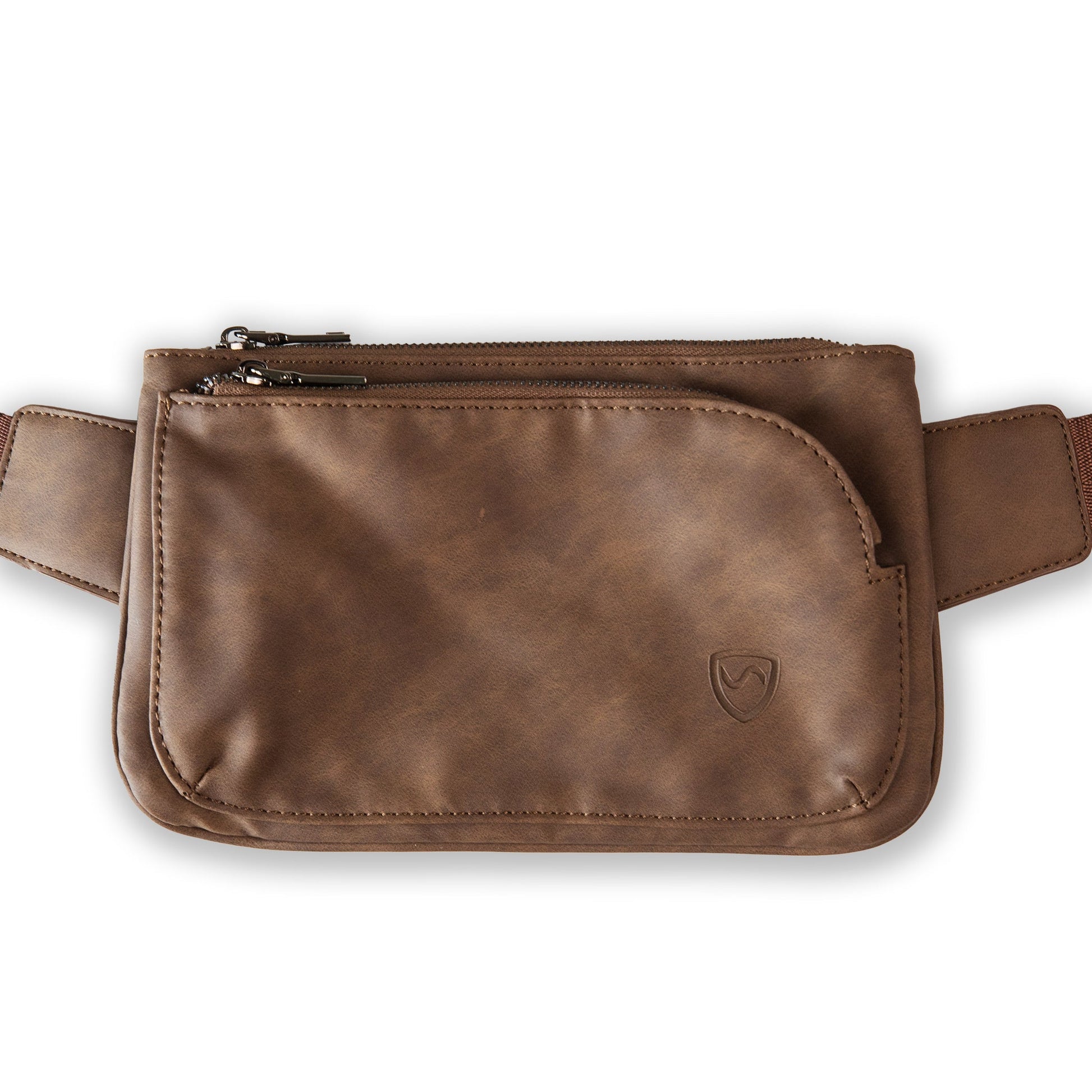 Vegan leather crossbody fanny pack with front zipper and stitched shield logo
