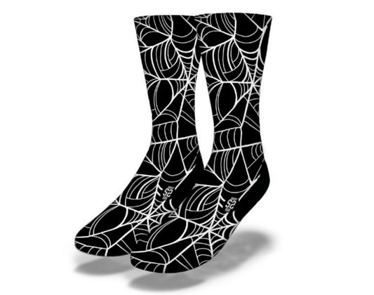 Black Halloween spiderweb crew socks with white web and spider print, cuff to toe