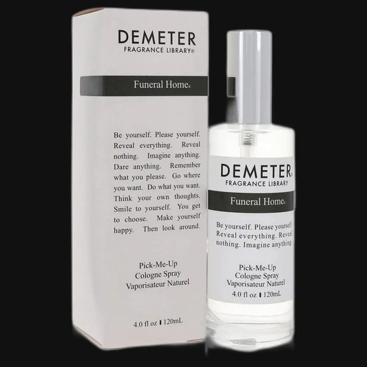 Demeter Funeral Home perfume spray bottle with matching box