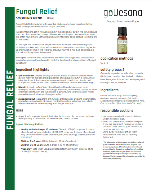 Fungal Relief essential oil information sheet with dosage, ingredients, and cautions