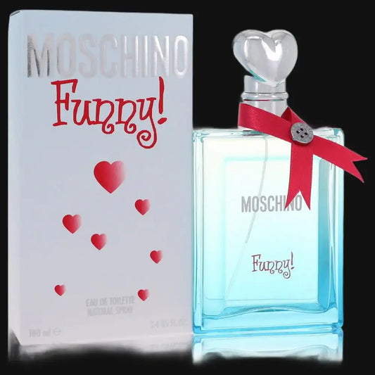 Moschino Funny women’s perfume bottle with heart cap and red bow ribbon