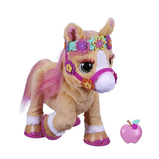Electronic pony toy with colorful floral headband and pink apple accessory