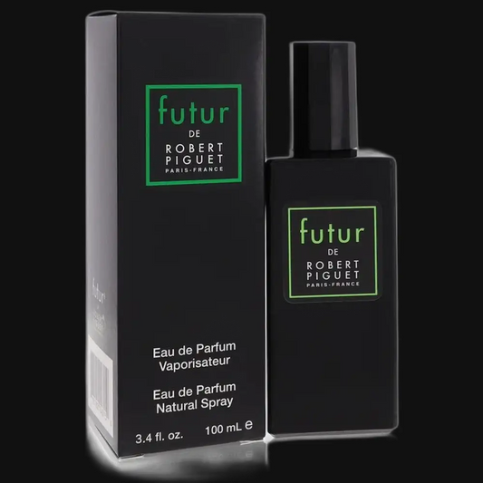 Women’s eau de parfum spray: black bottle with green label, with matching box