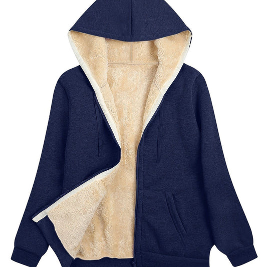 Navy hooded zip-up jacket with sherpa lining, long sleeves, and drawstring hood.