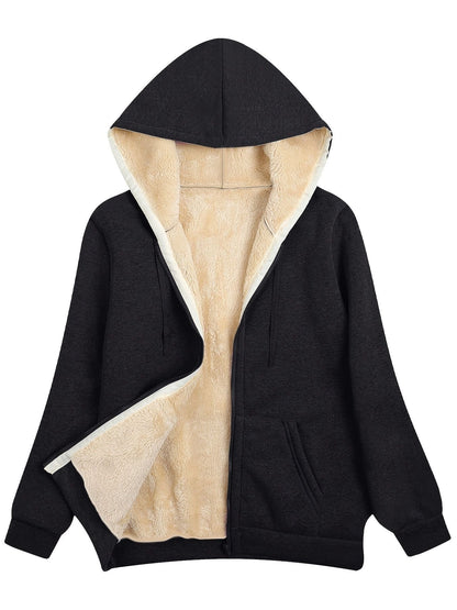 Fuzzy Hooded Jacket, Casual Zip Up Drawstring Long Sleeve Solid Outerwear, Women's Clothing - Renee Lane Company