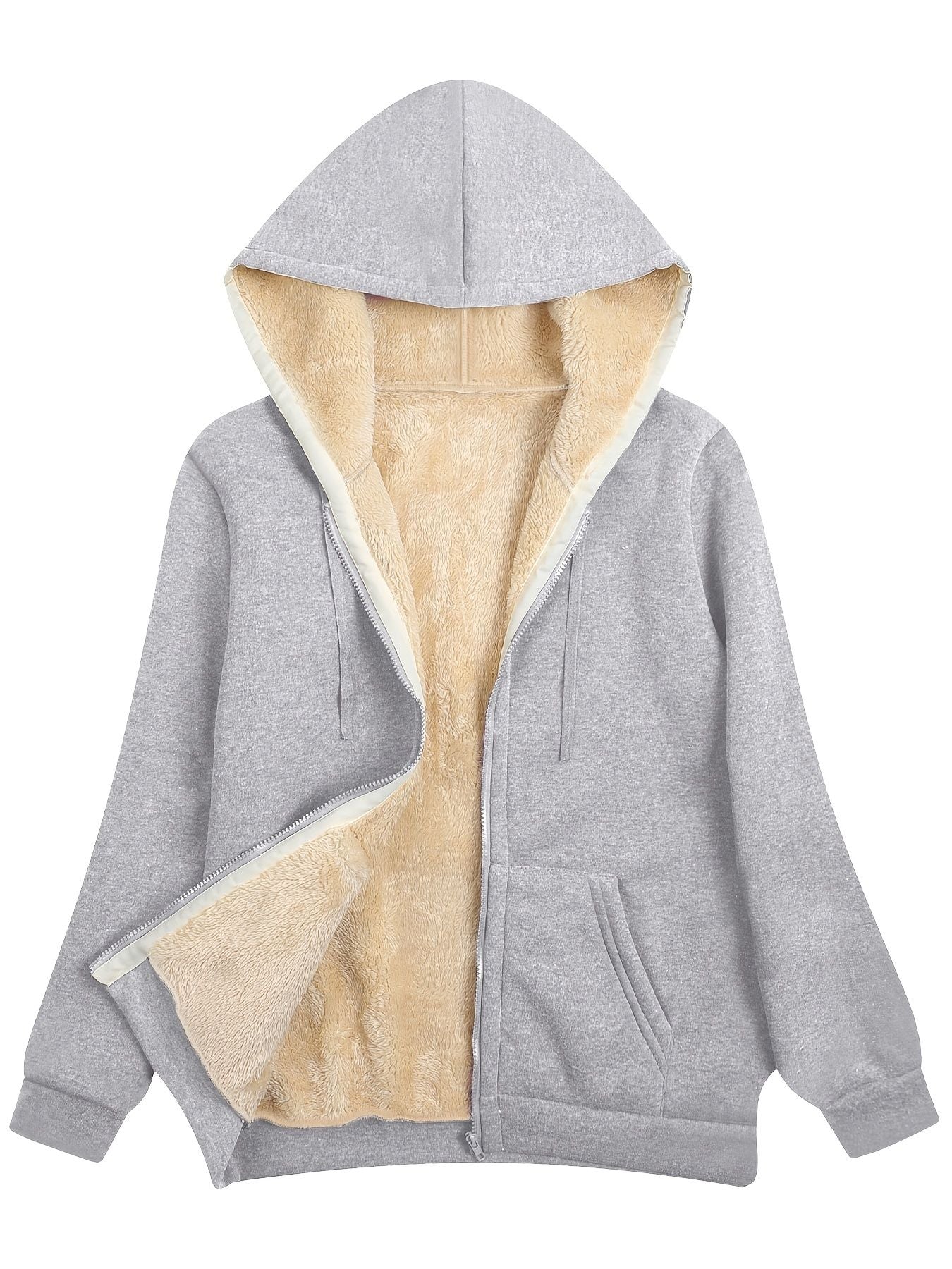Fuzzy Hooded Jacket, Casual Zip Up Drawstring Long Sleeve Solid Outerwear, Women's Clothing - Renee Lane Company