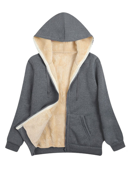 Fuzzy Hooded Jacket, Casual Zip Up Drawstring Long Sleeve Solid Outerwear, Women's Clothing - Renee Lane Company