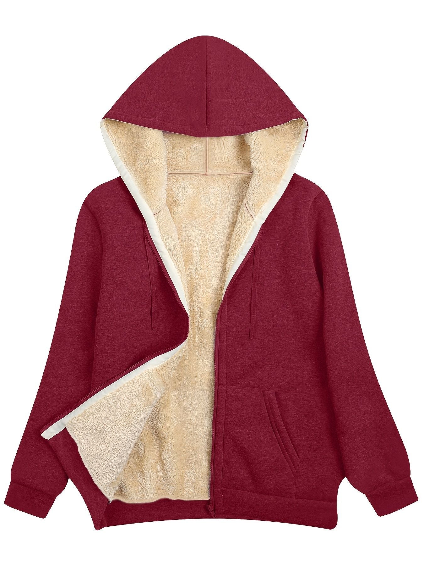 Fuzzy Hooded Jacket, Casual Zip Up Drawstring Long Sleeve Solid Outerwear, Women's Clothing - Renee Lane Company