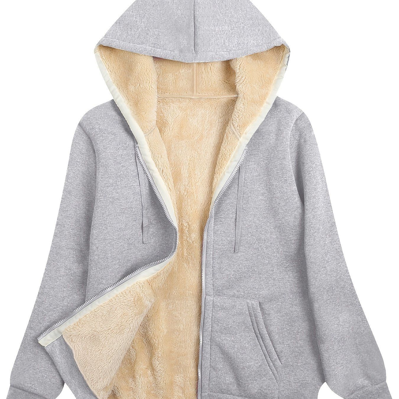 Fuzzy Hooded Jacket, Casual Zip Up Drawstring Long Sleeve Solid Outerwear, Women's Clothing - Renee Lane Company