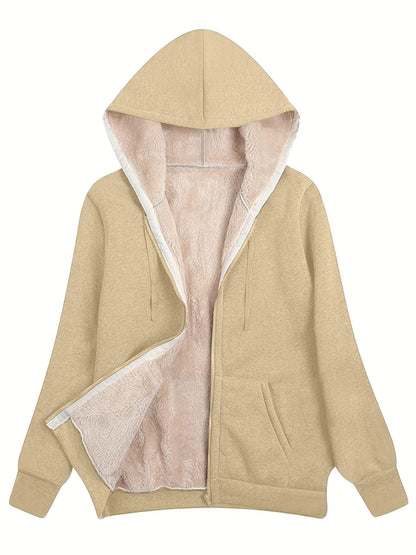 Fuzzy Hooded Jacket, Casual Zip Up Drawstring Long Sleeve Solid Outerwear, Women's Clothing - Renee Lane Company