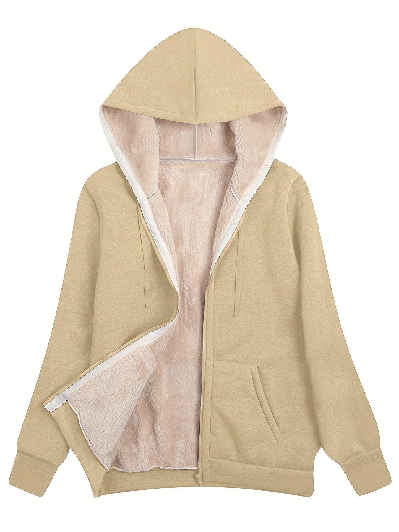 Fuzzy Hooded Jacket, Casual Zip Up Drawstring Long Sleeve Solid Outerwear, Women's Clothing - Renee Lane Company