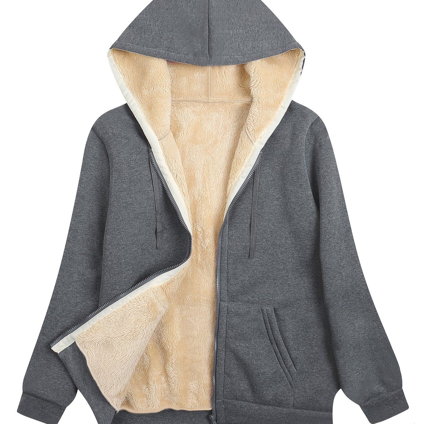 Fuzzy Hooded Jacket, Casual Zip Up Drawstring Long Sleeve Solid Outerwear, Women's Clothing - Renee Lane Company