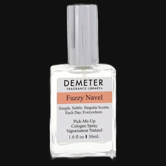 Perfume spray bottle with silver cap, Demeter Fragrance Library label, Fuzzy Navel