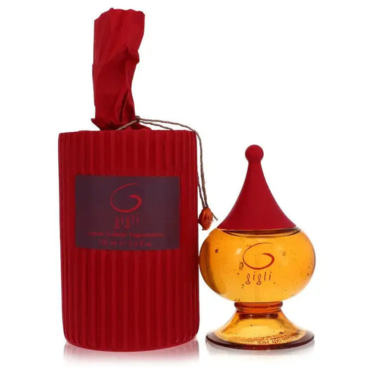 Women’s perfume bottle: amber glass with red cap, shown with red fabric-wrapped container