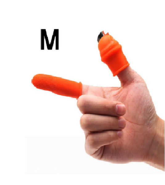 Orange silicone finger blade, size M, on hand finger with textured top
