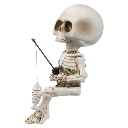 Resin skeleton aquarium decoration skull fisherman figurine, white with fish line