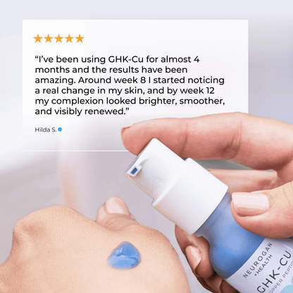 GHK-Cu face serum bottle in hand with blue gel on skin for topical application