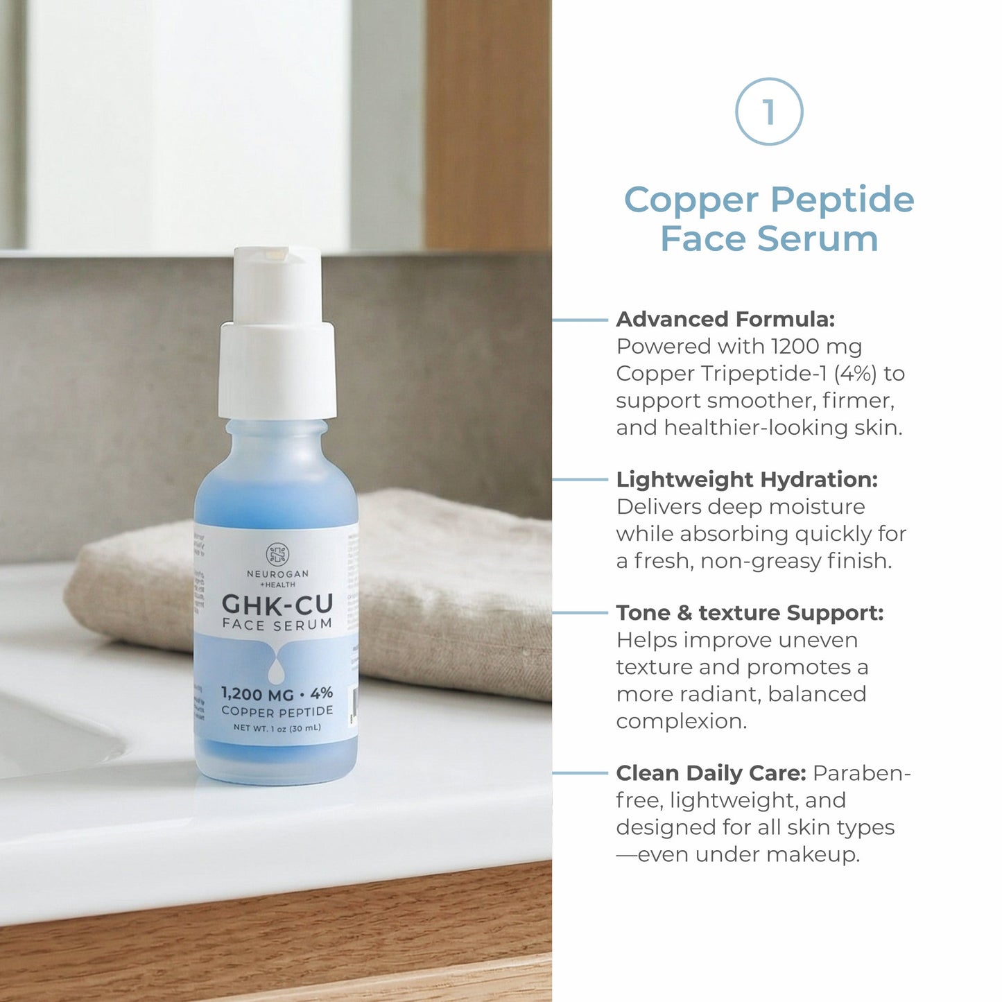 GHK-Cu face serum bottle with white pump and light blue serum