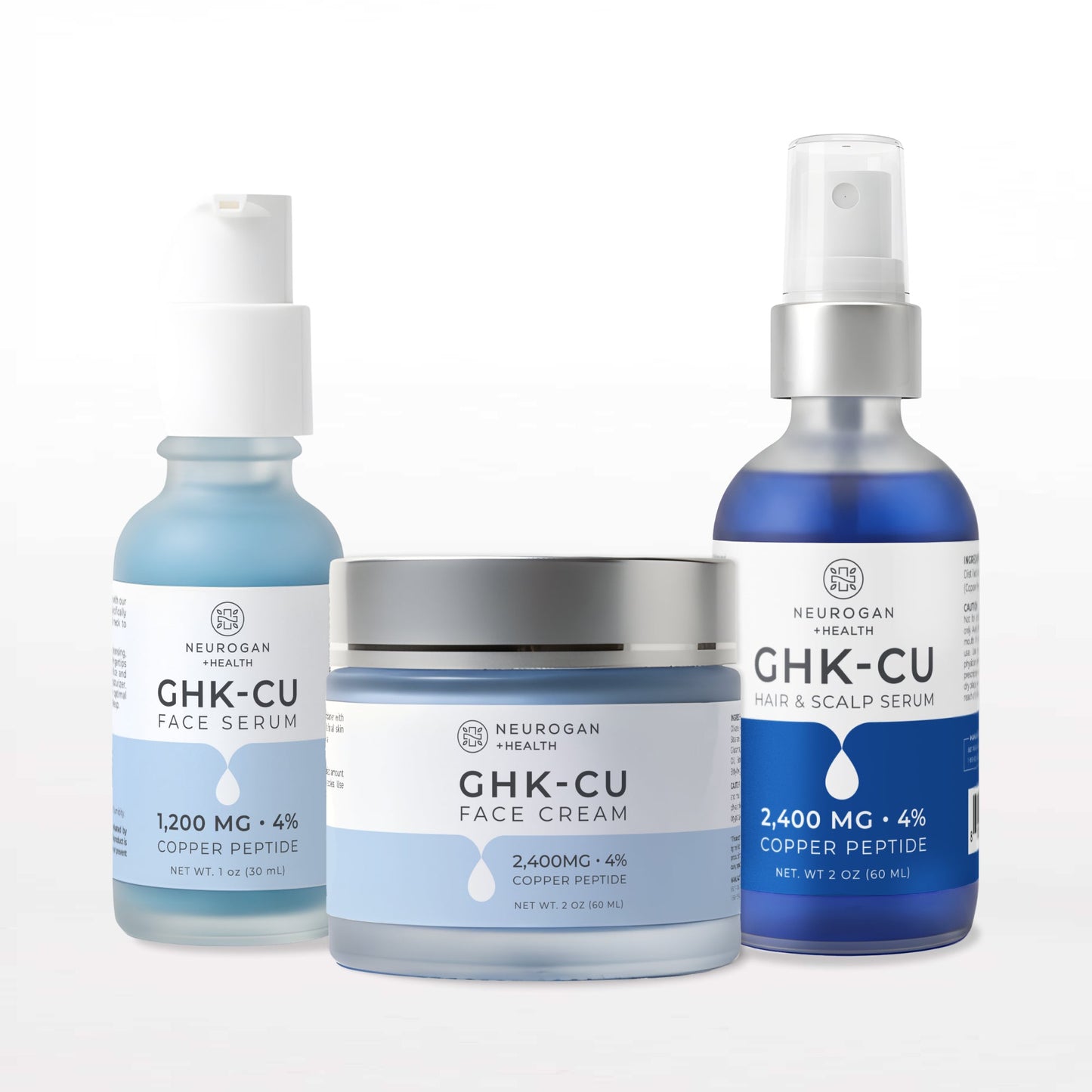 GHK-Cu skincare set with face serum, face cream jar, and hair & scalp serum bottles