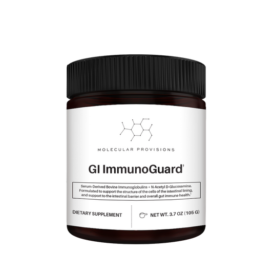 GI Immunoguard dietary supplement bottle with black cap, white label, 105 g