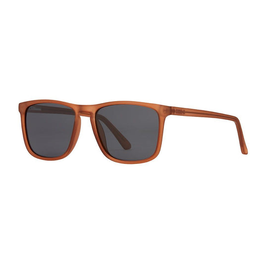 Brown polarized sunglasses with square dark lenses and straight temple arms