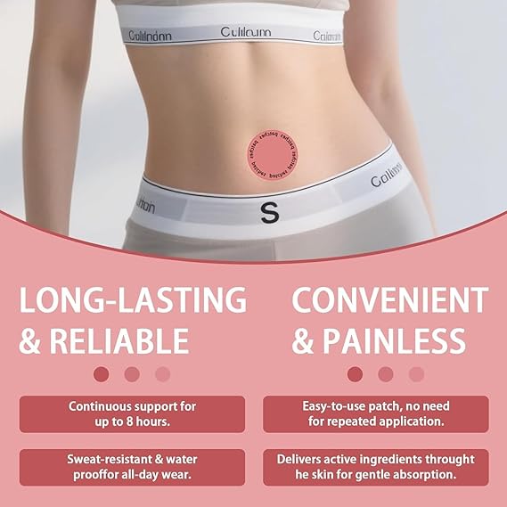 Round skin patch applied on the abdomen with a waist measurement band