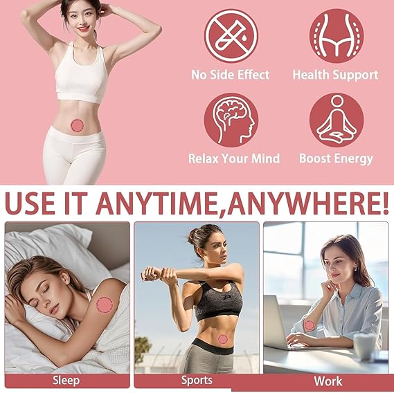 Women’s torso with round skin patch and health support icons on an infographic