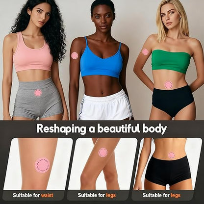 Women in activewear with round peach skin patches on waist and thighs