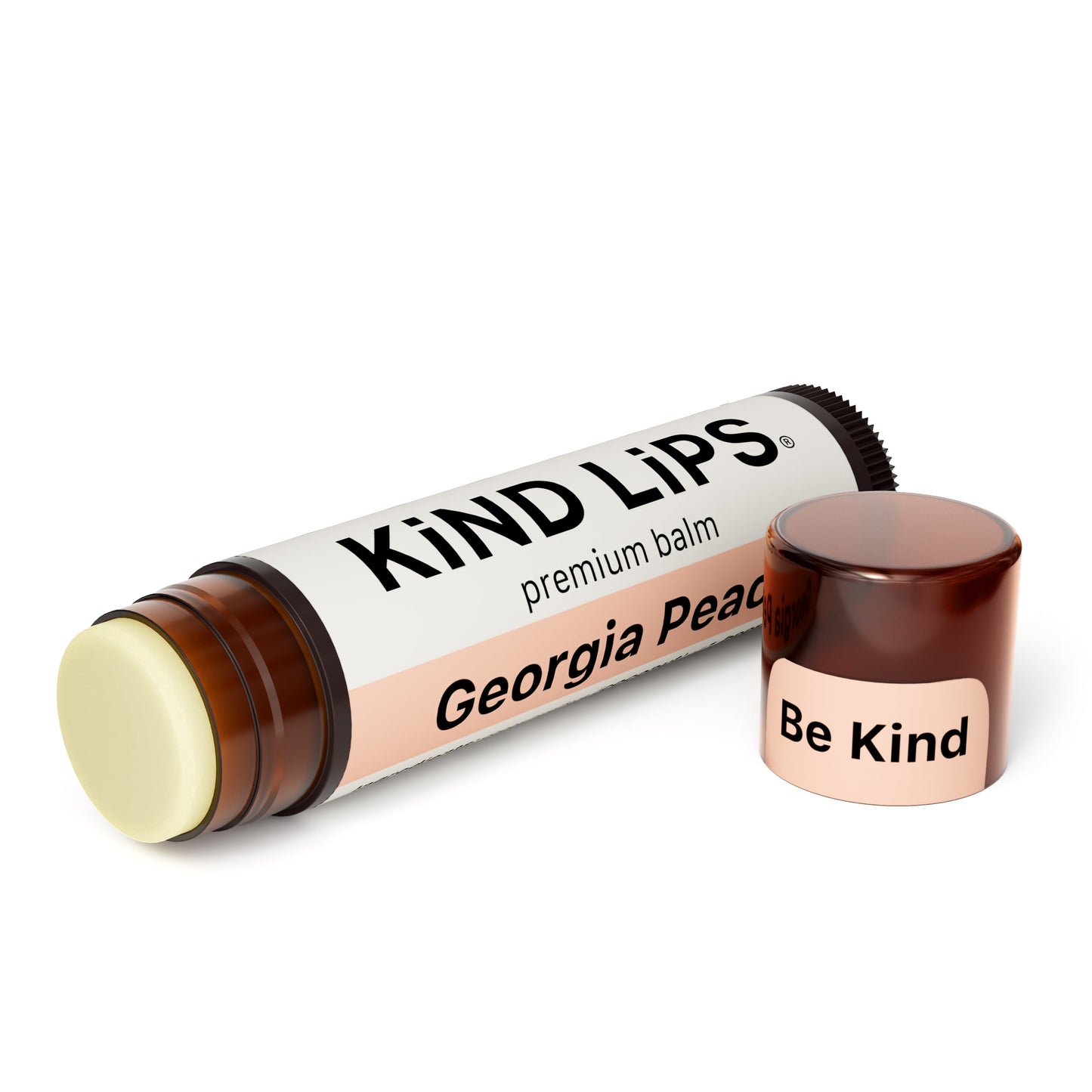 Premium lip balm tube and capped balm, labeled Georgia Peach, by KIND LIPS