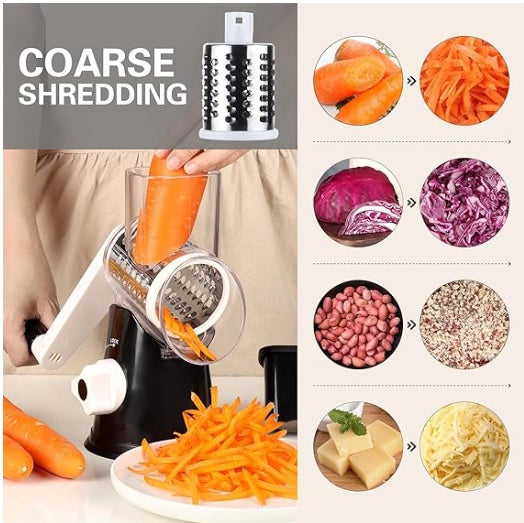 Black and white manual kitchen grater with stainless shredding drum