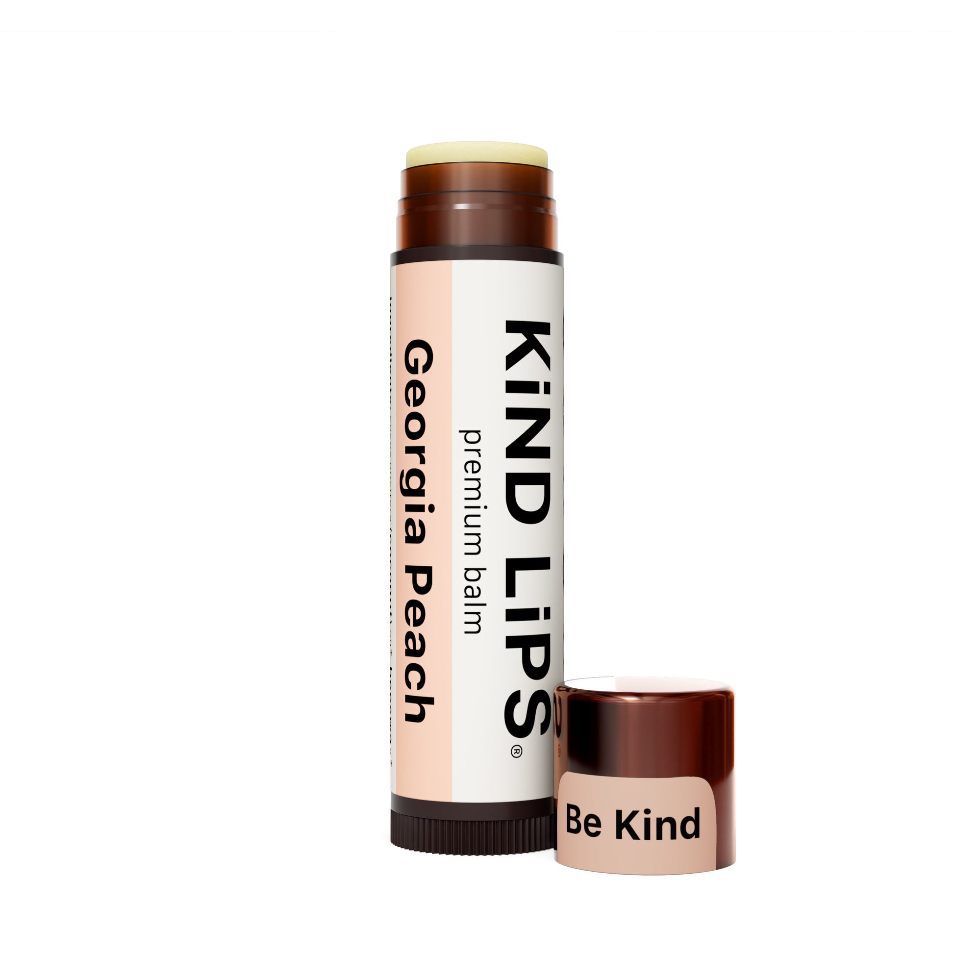 Premium lip balm tube with capped balm, Georgia Peach flavor label, by KIND LIPS