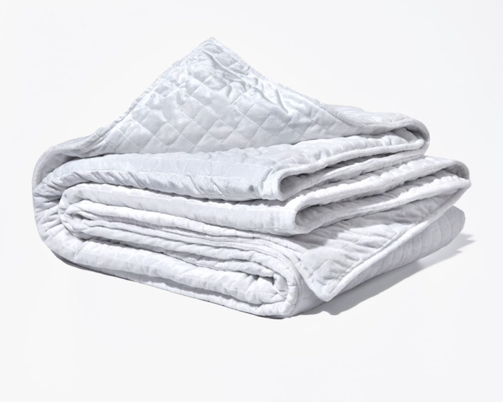 Folded white weighted blanket with quilted texture and layered edges