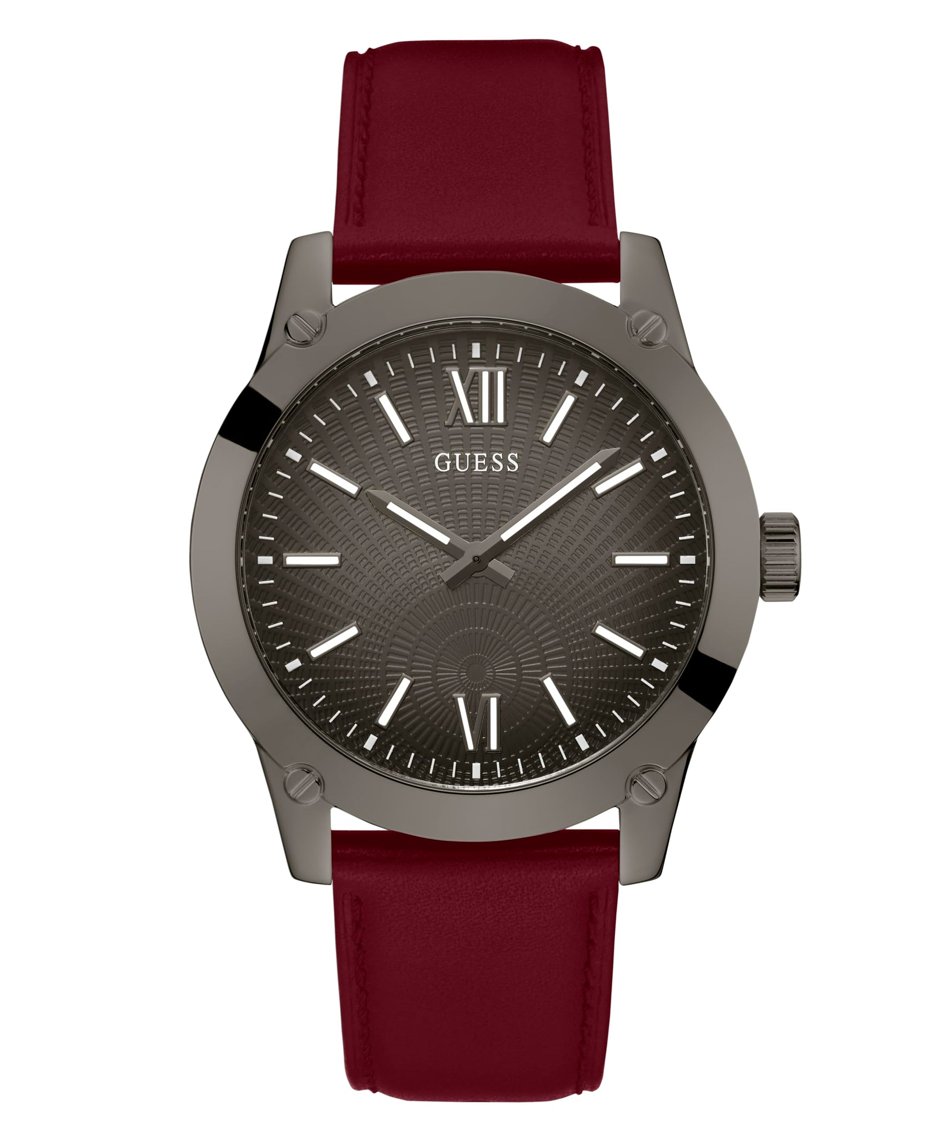 GUESS Mens 44mm Watch - Red Strap Gunmetal Dial Gunmetal Case - Renee Lane Company