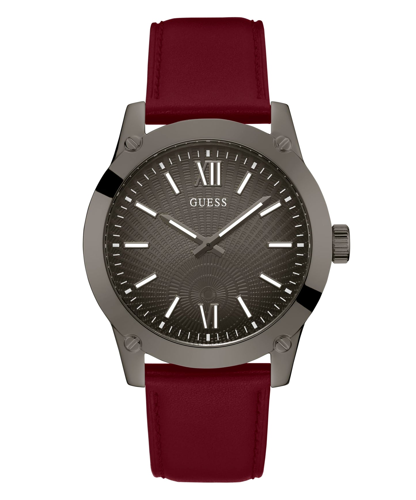GUESS Mens 44mm Watch - Red Strap Gunmetal Dial Gunmetal Case - Renee Lane Company