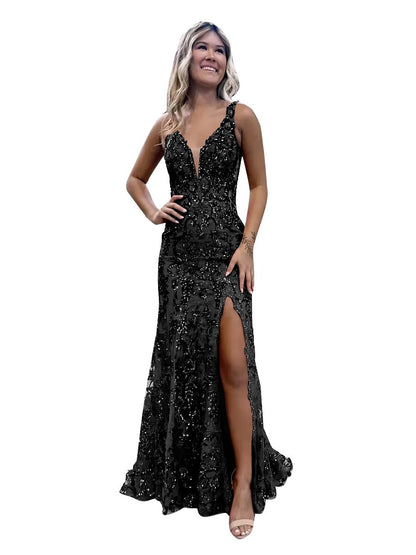 GUKARLEED Black Sequin Prom Dresses for Women Long Ball Gown V Neck Mermaid Formal Gowns with Slit US0 - Renee Lane Company