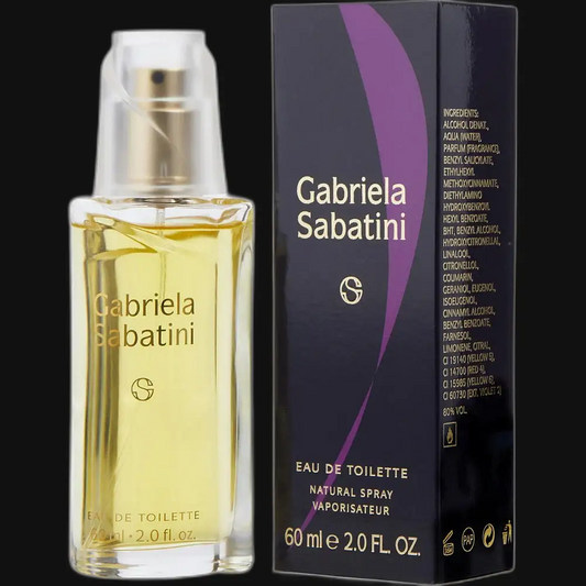 Gabriela Sabatini eau de toilette spray bottle, clear glass with golden liquid, 60 ml