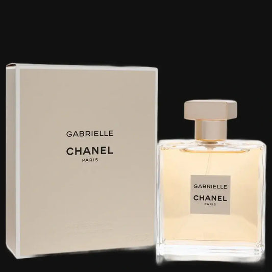 Gabrielle by Chanel perfume bottle with gold cap and matching box, glass and label
