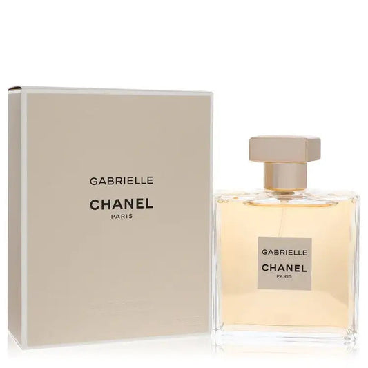 Gabrielle by Chanel perfume bottle with gold cap and front box, rectangular carton